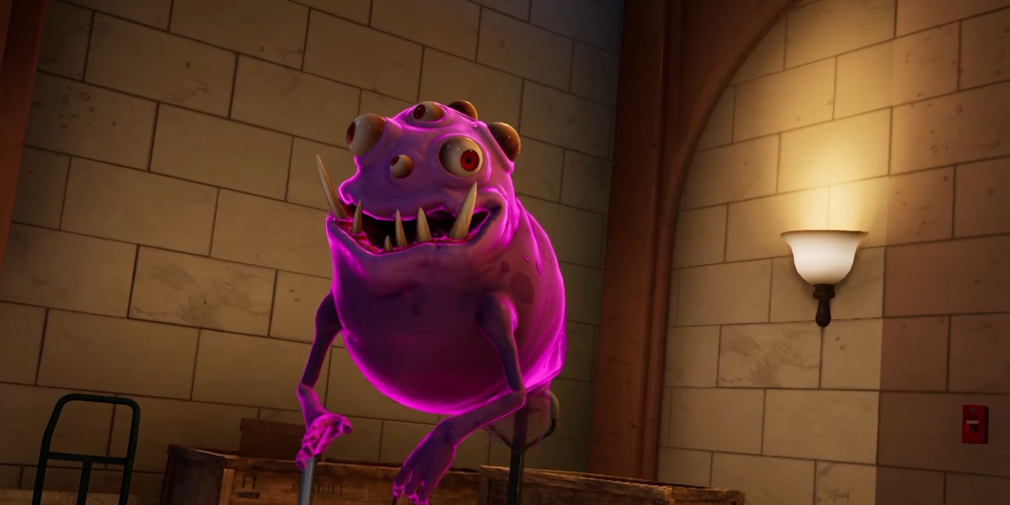 A purple ghost in ghostbusters: spirits unleashed with lots of eyes and long teeth