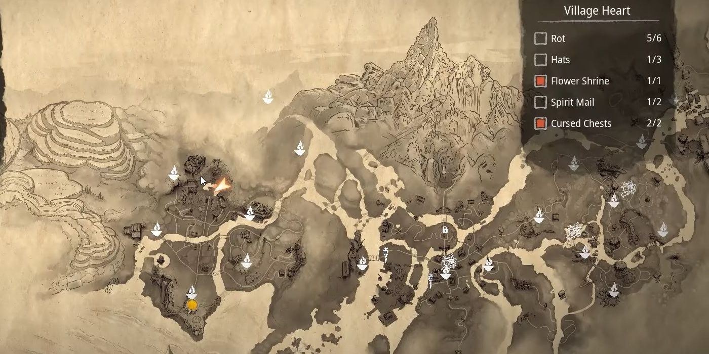 The Kena Bridge Of Spirits character is showing the location of the Village Heart Spirit Mail on the map.