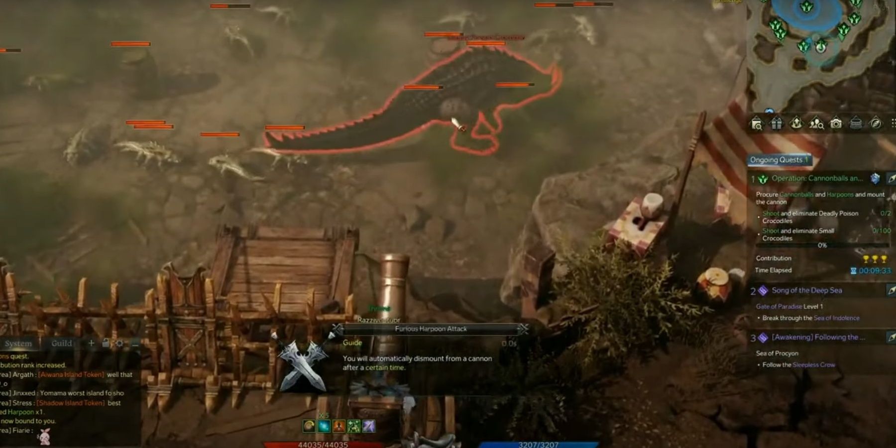 The Lost Ark character is participating in the Volare Island Event where they are shooting cannonballs and harpoons at crocodile creatures that are spawning.