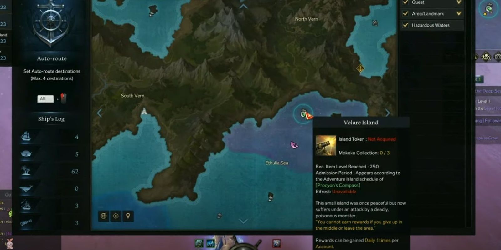 The Lost Ark character is showing the location of the Volare Island on the map.