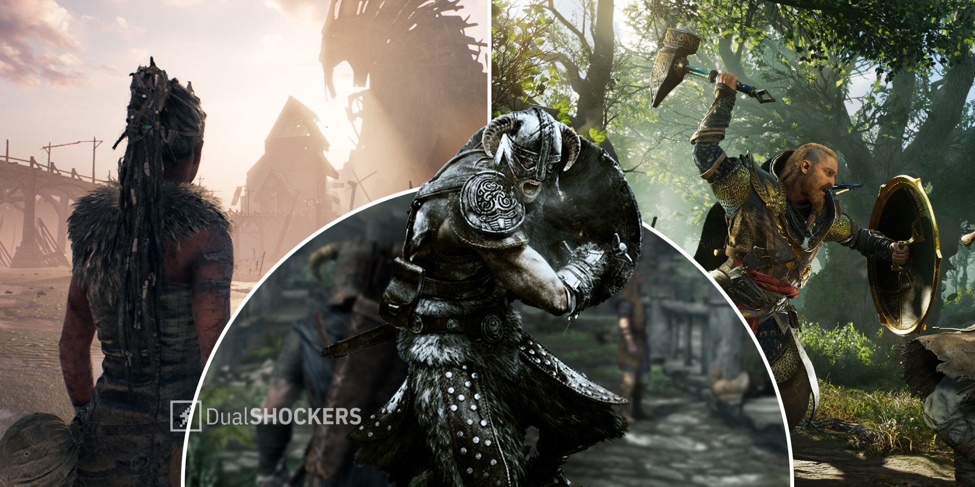 Hellblade Senua's Sacrifice, Elder Scrolls V Skyrim, Assassin's Creed: Valhalla gameplay