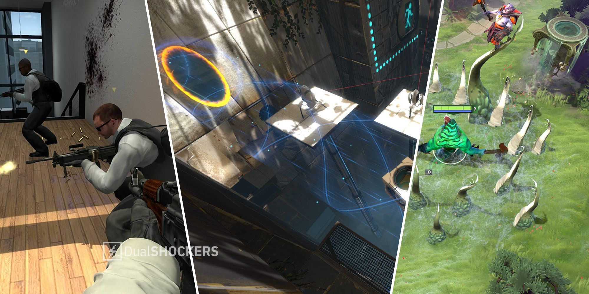 Counter Strike: Global Offensive, Portal 2, Dota 2 gameplay Valve games