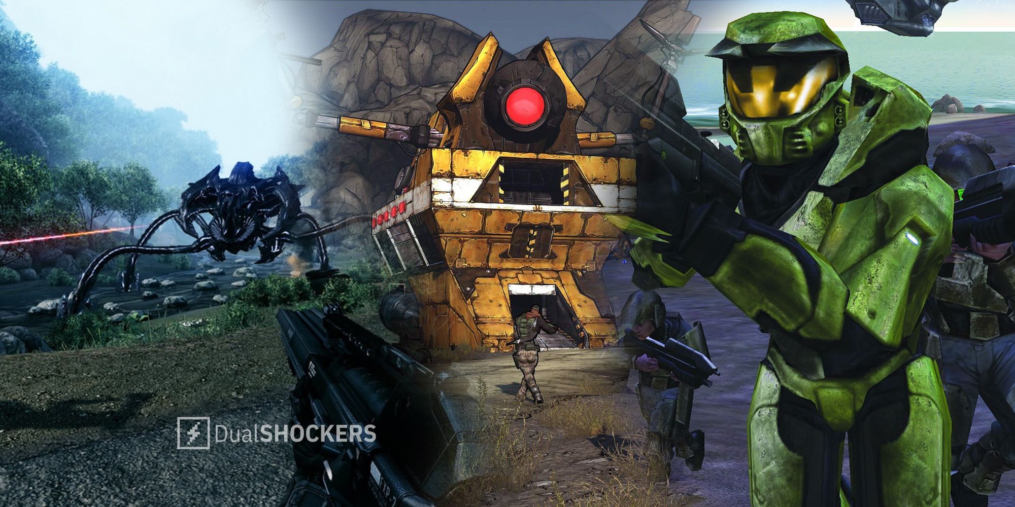 Split image Crysis, Borderlands, and Halo screenshots