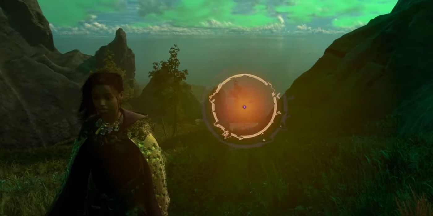 The 16th Familiar named Leite in Forspoken is found by the character down the hill with glowing green clouds in the sky reflecting off the water.