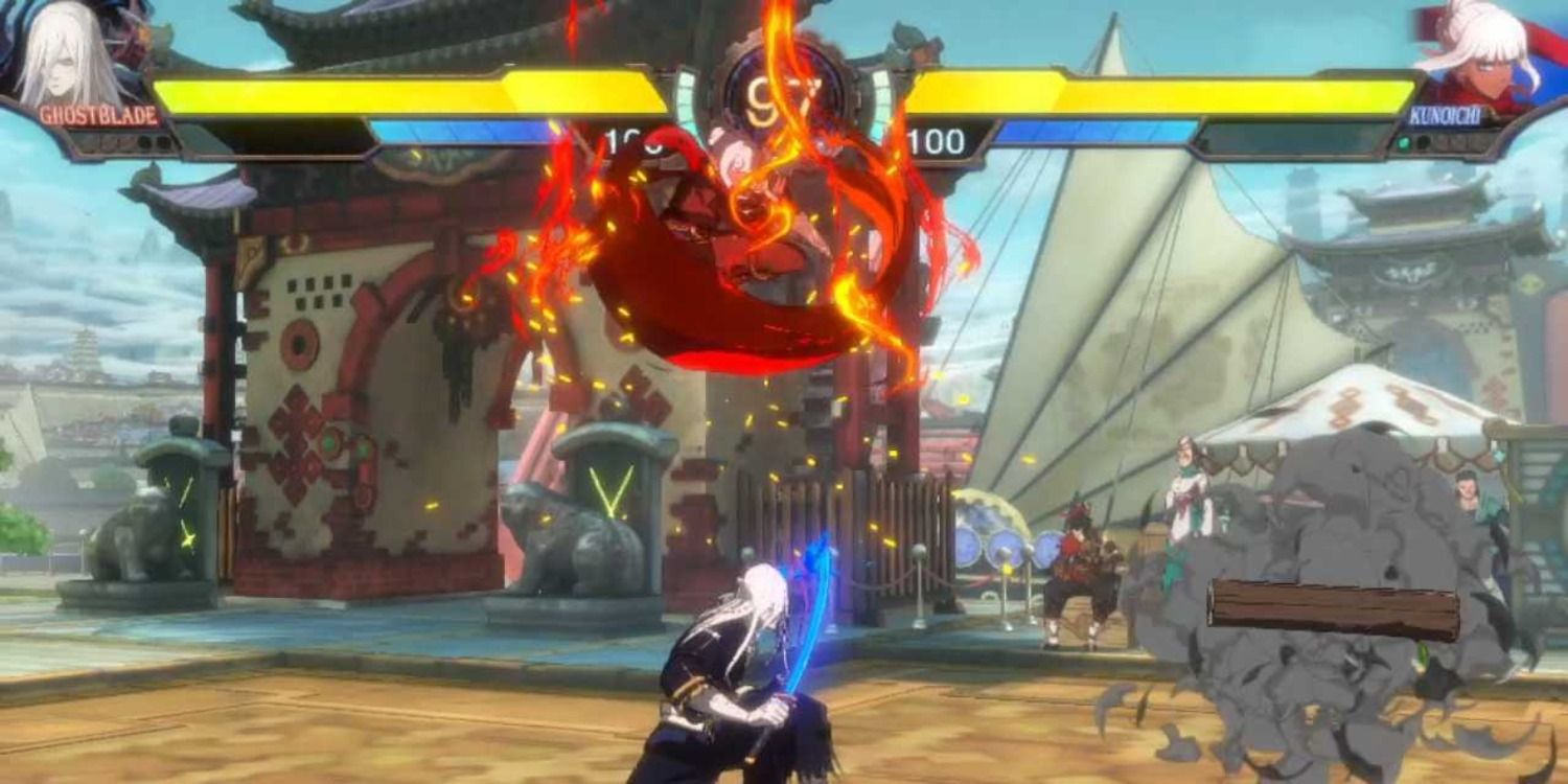 Ghost Blade crouching and guarding as Kunoichi teleports above and behind him in DNF Duel.