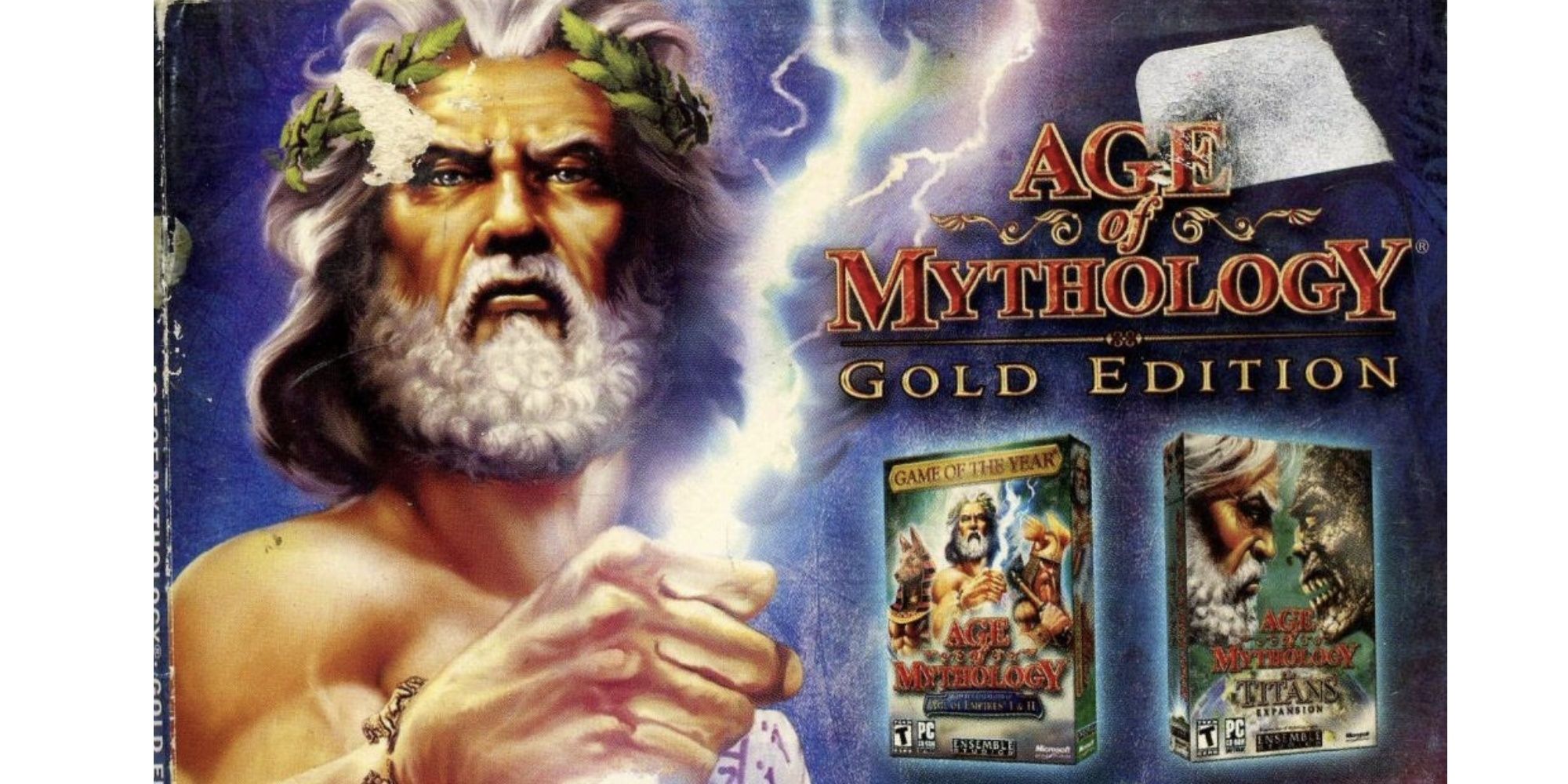 Zeus holds a lightning bolt at the ready while showing off the classic AoM Gold Edition