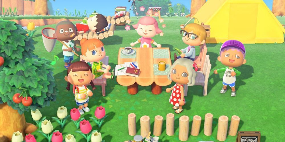 Various customized Villagers sitting at a campsite in-game
