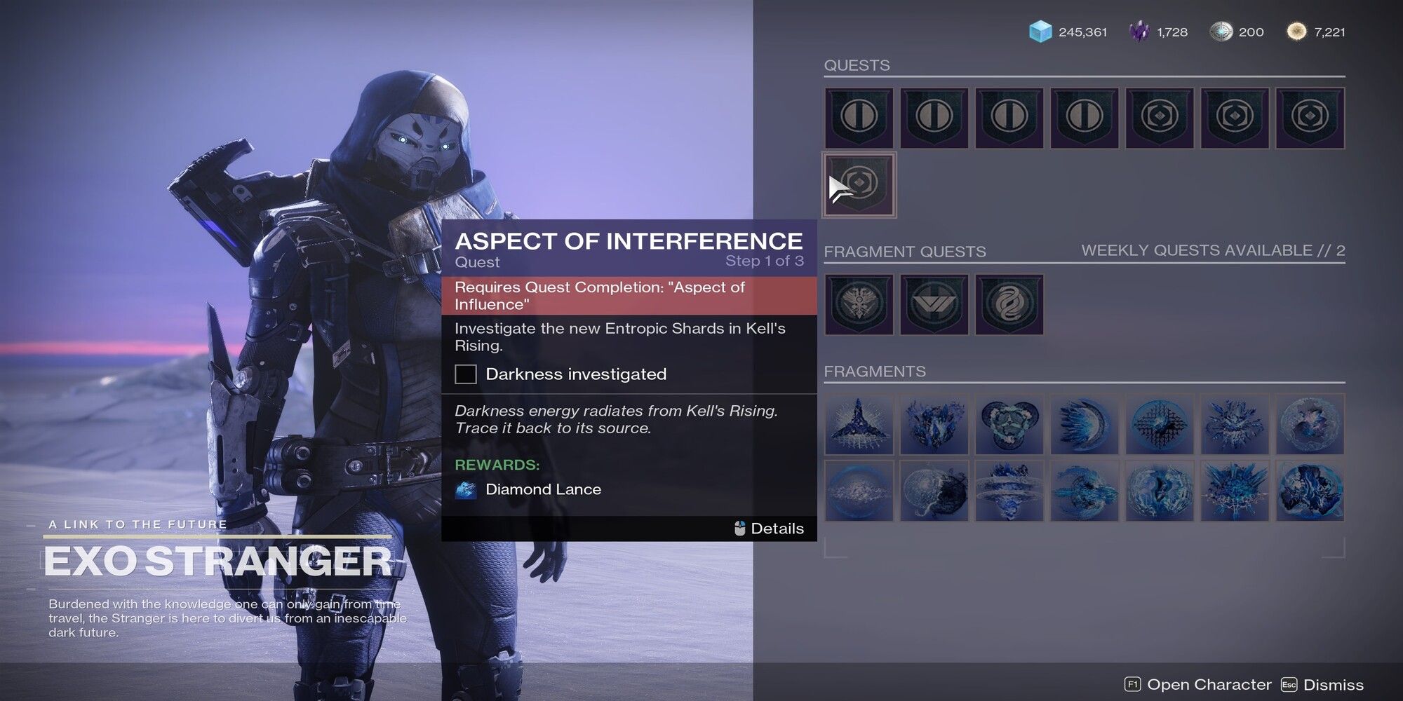 Destiny 2 Aspect Quests Screen with Exo Stranger