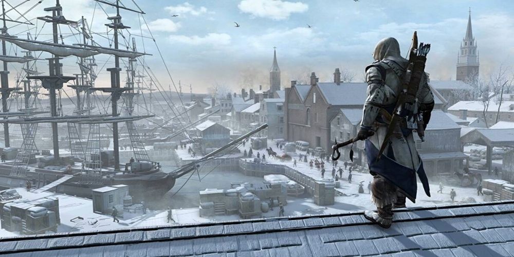 connor standing atop a roof in assassin's creed 3