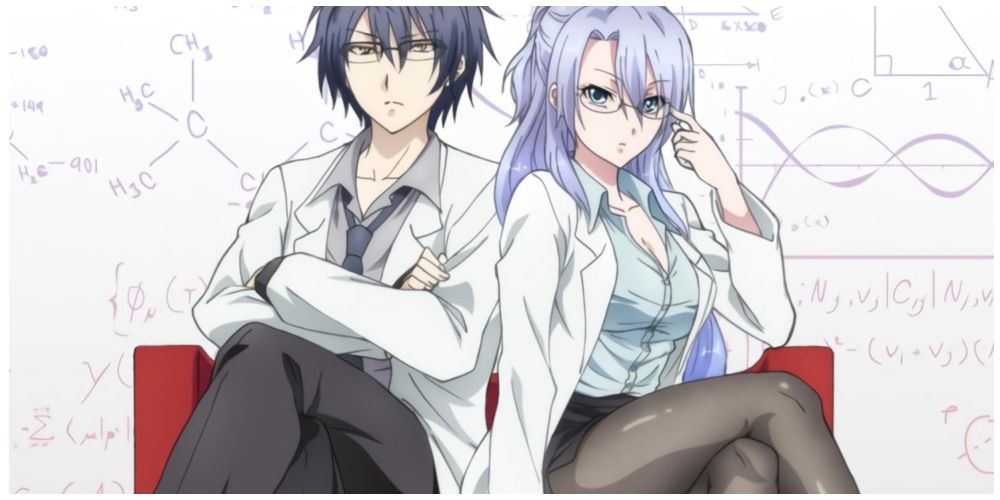 Ayame Himuro and Shinya Yukimura sitting together in front of whiteboard Science Fell In Love 
