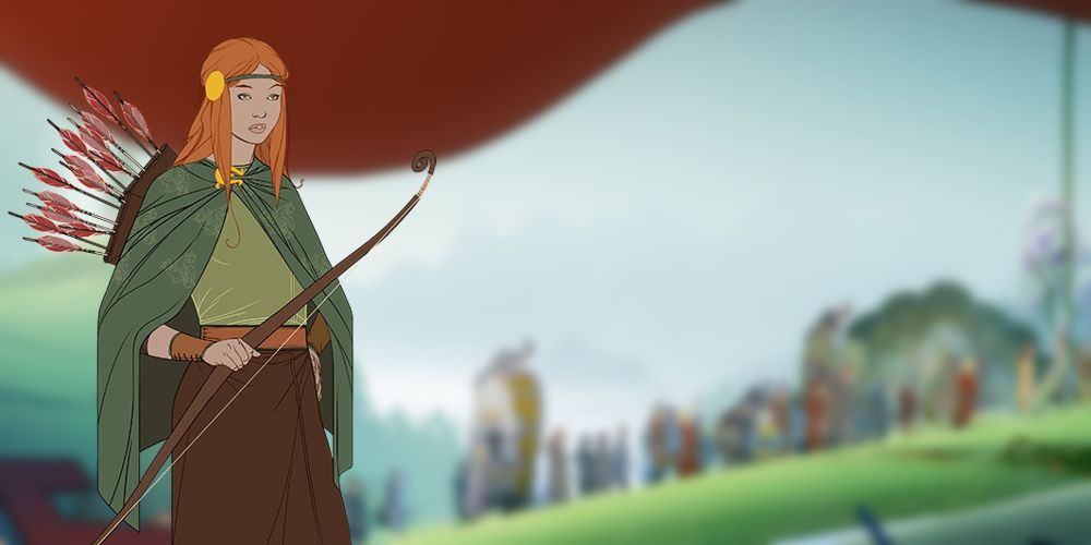 Portrait of Banner Saga's Alette against backdrop of village