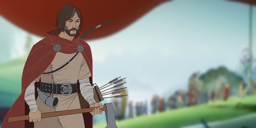 Portrait of Banner Saga's Rook against backdrop of village