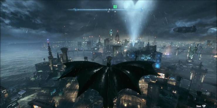 Batman in Arkham Knight glides through the air