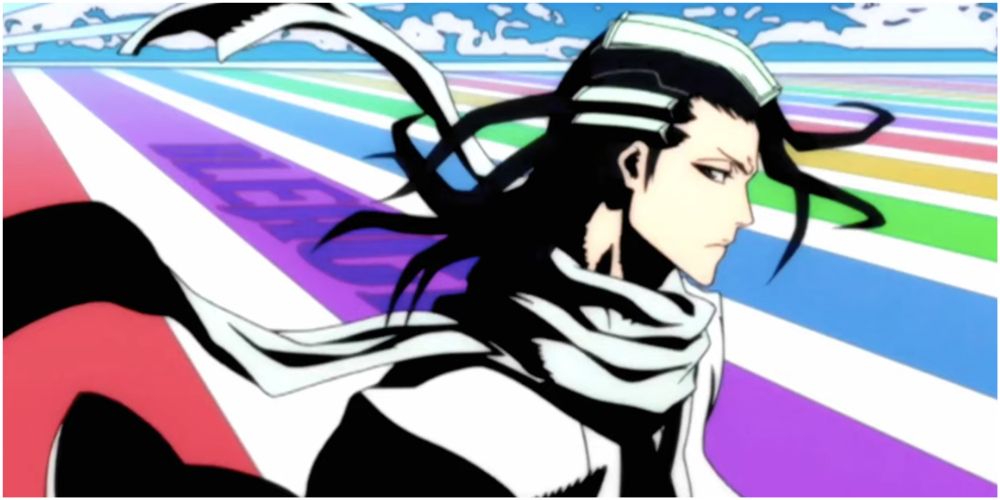 Shot of Byakuya in front of multi colored background
