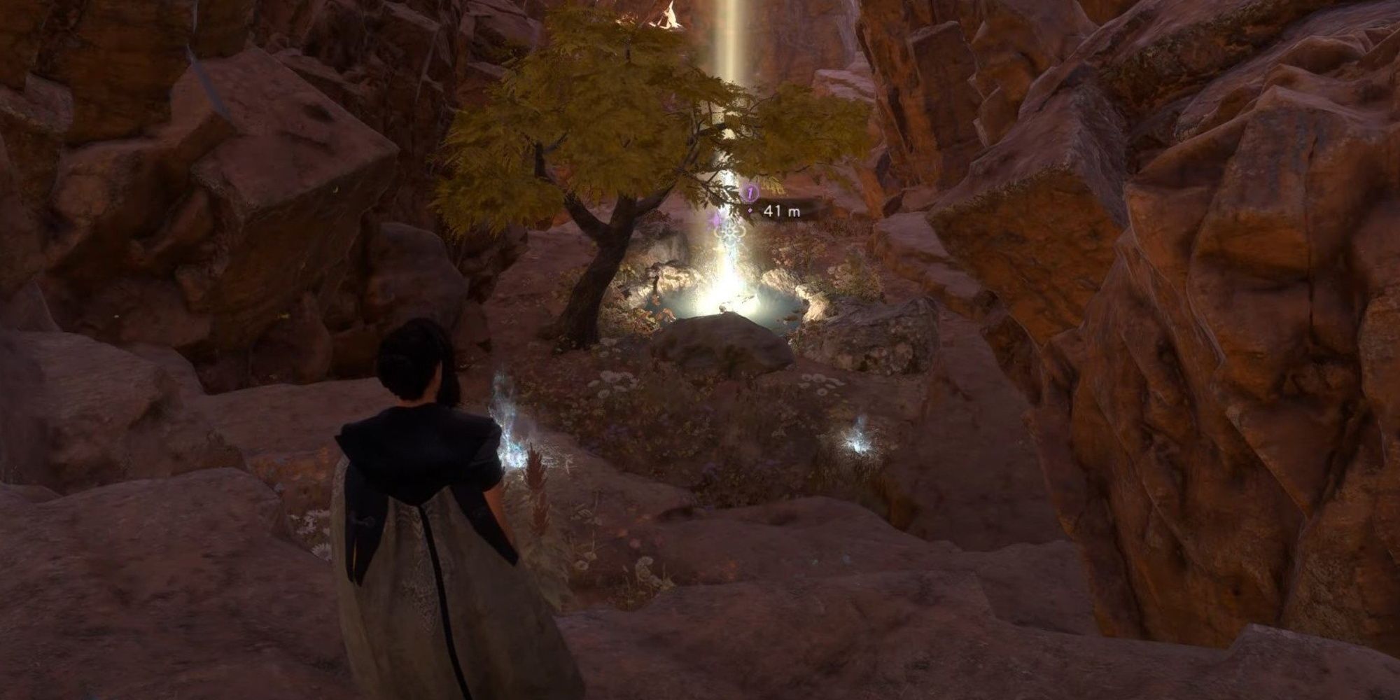 The Brass Hollow Fount was found by the character in Forspoken located in a small cavern opening with a tree resting next to the waters.