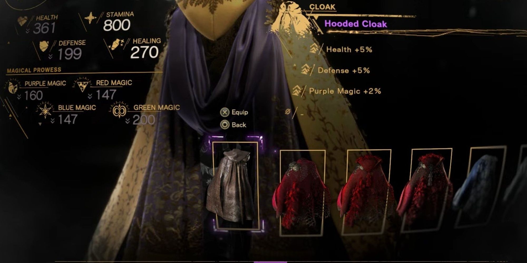 The Cloaks menu is being showcased by the character in Forspoken, with the hooded cloak selected and showcasing the character's stats.
