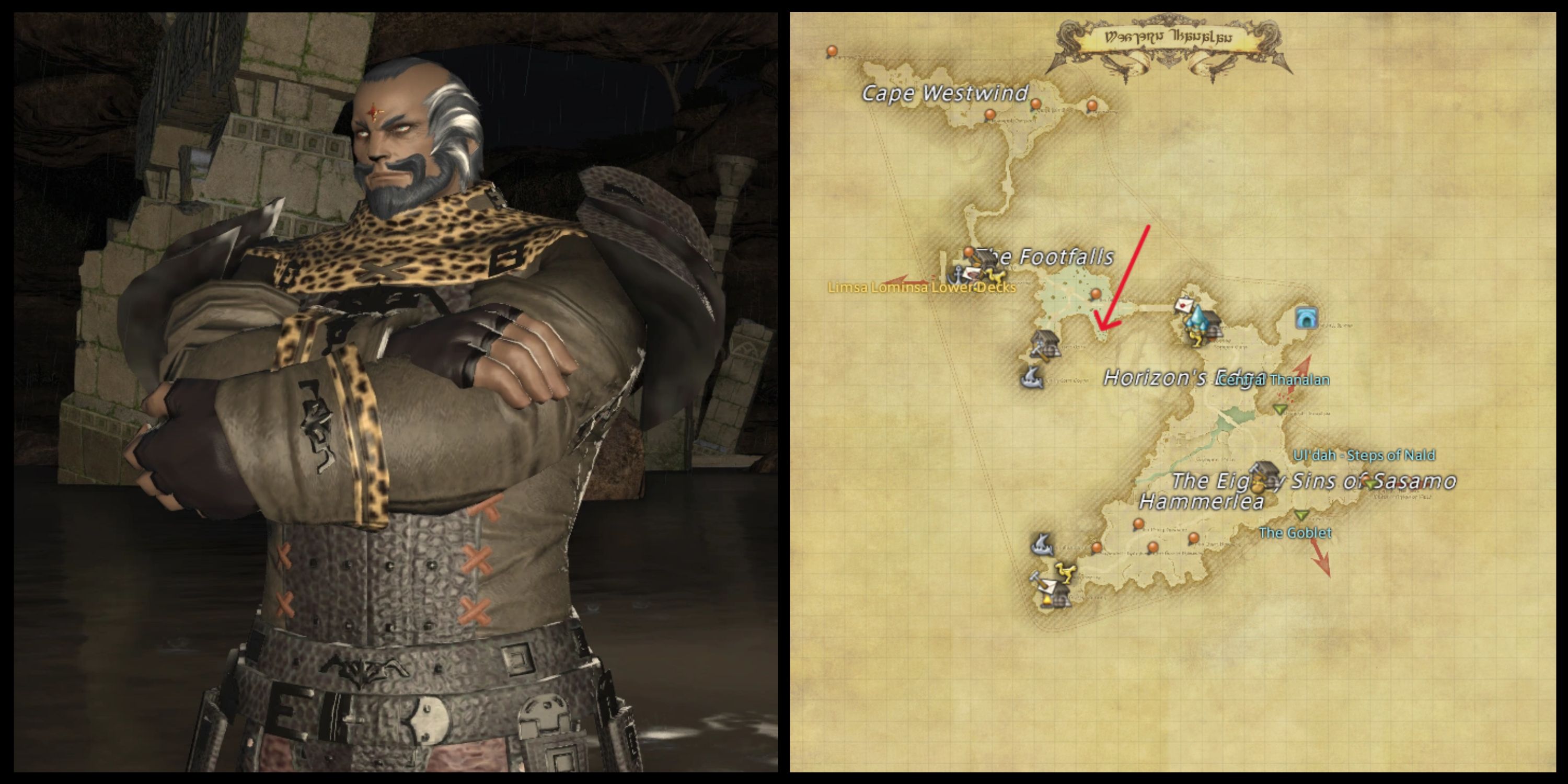 A screenshot of NPC Valiant Hart from Final Fantasy 14 next to a map labeling his location.
