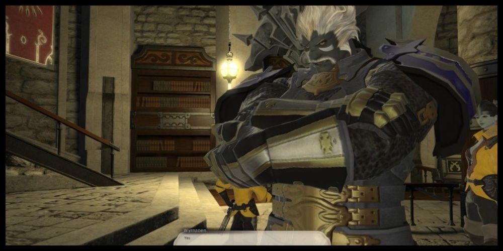 A screenshot of Wyrnzoen in the Marauder's guild in Final Fantasy 14
