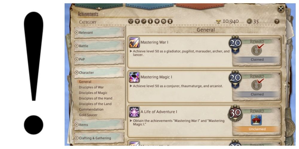 A screenshot of the achievements window in Final Fantasy 14