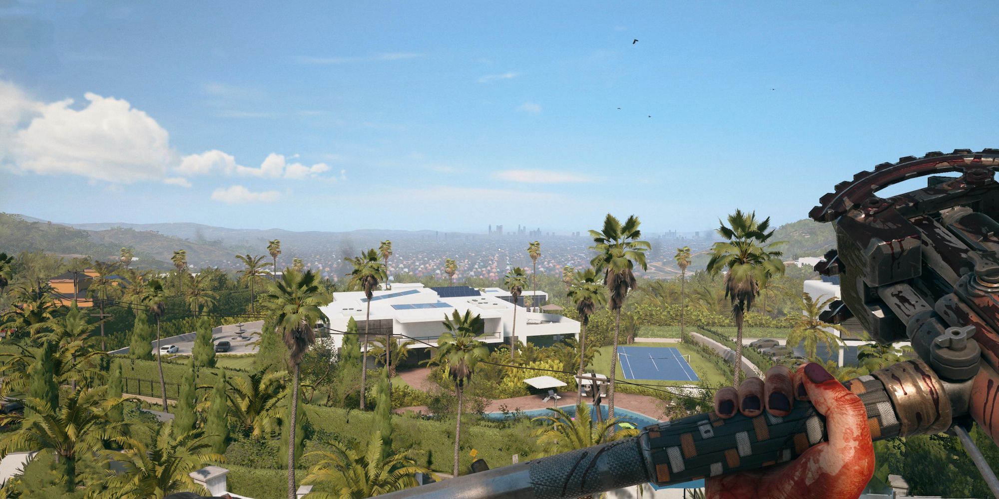 A view of downtown Los Angeles from the top of a Bel-Air building in Dead Island 2.