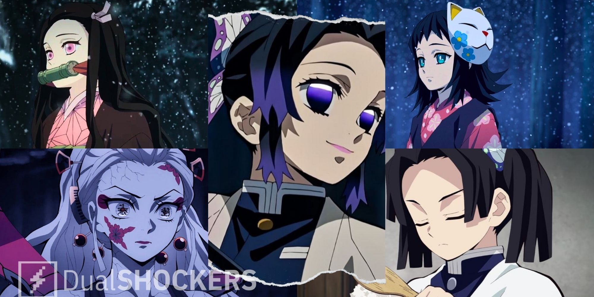Demon Slayer collage of Nezuko, Daki, Shinobu, Aoi, and Makomo