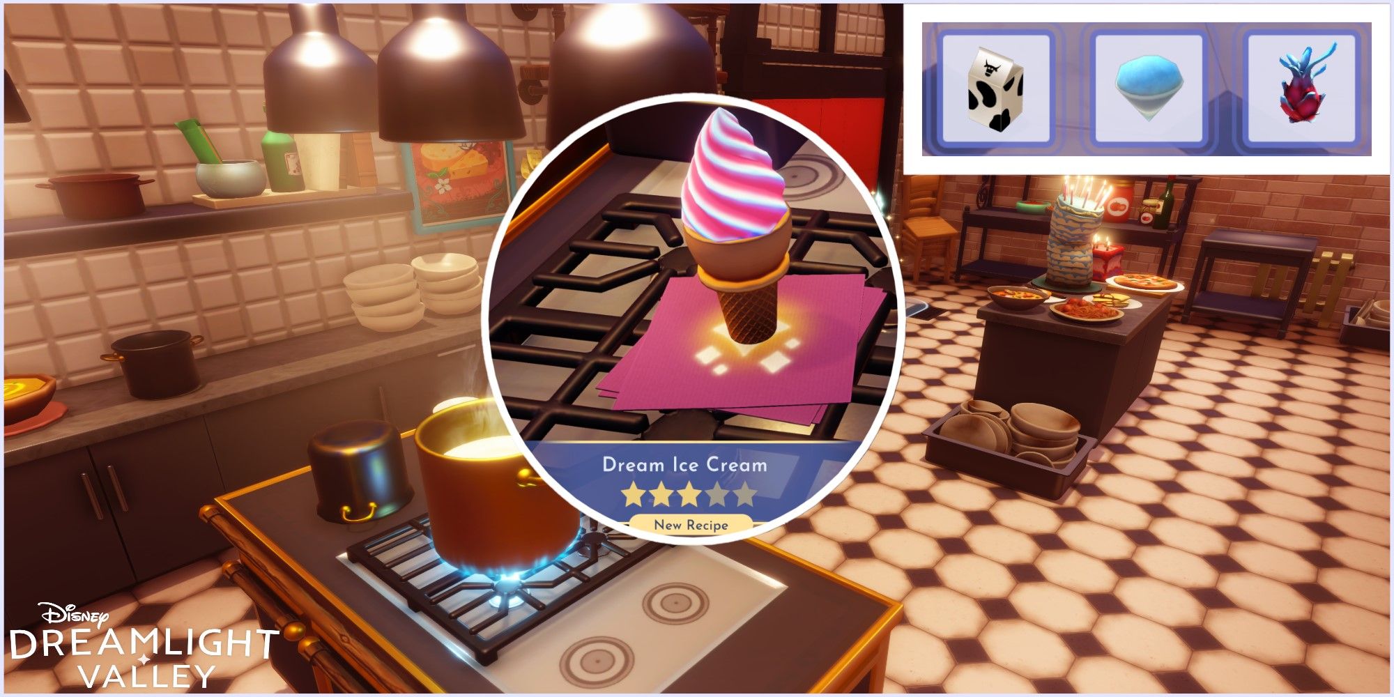 Disney Dreamlight Valley Split Image Ratatouille Realm With Dream Ice Cream And Recipe