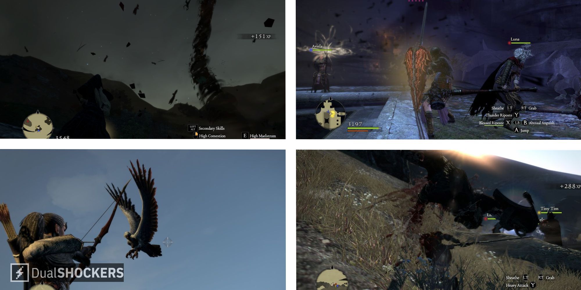 Dragon's Dogma split image four different vocations using their skills in combat