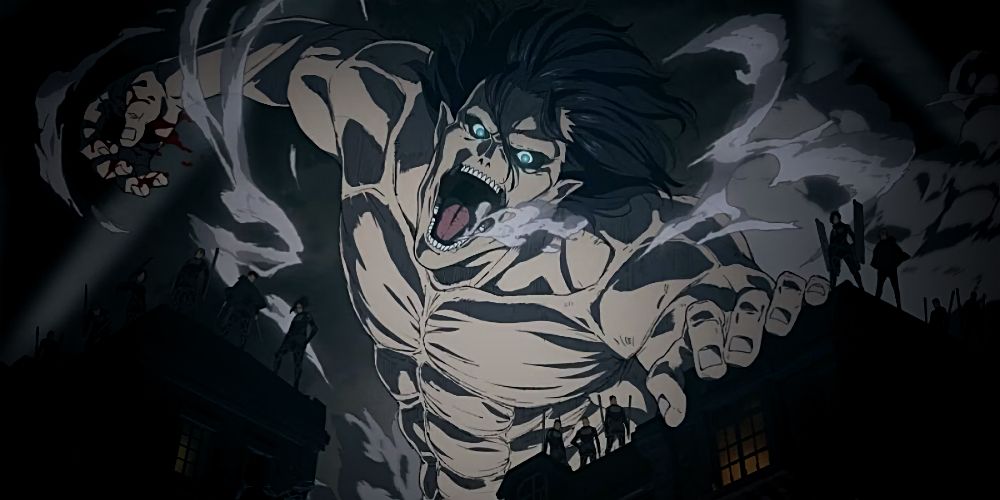 Eren from Attack on Titan roaring and attacking