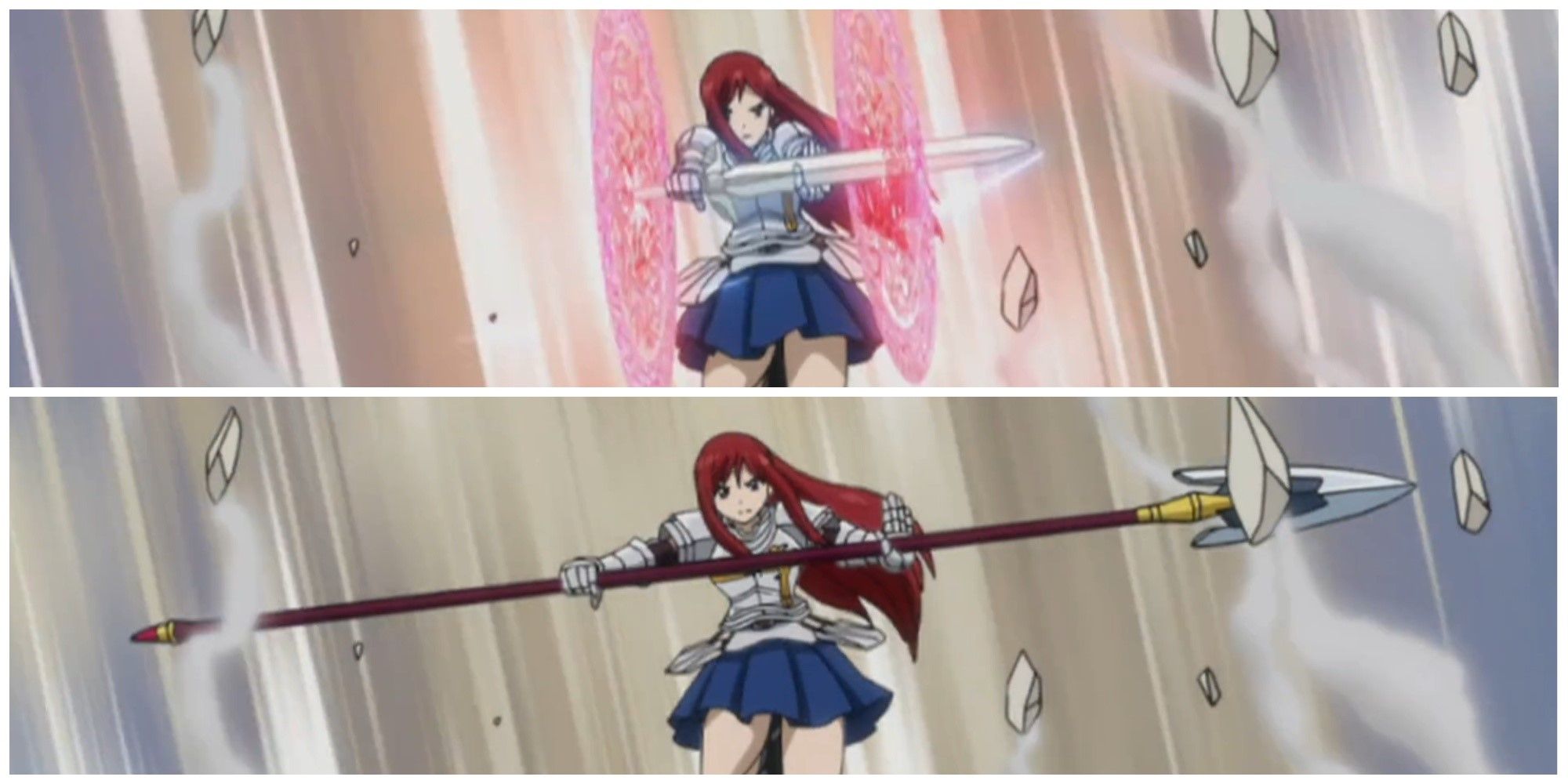 Split image Erza using Requip Magic in Fairy Tail holding blade and halberd
