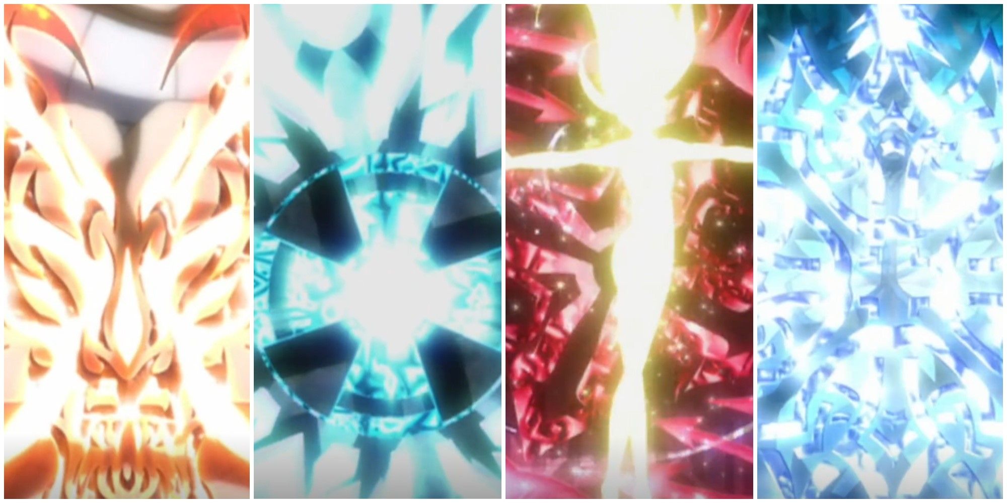 Fairy Tail split image four different types of magic being used
