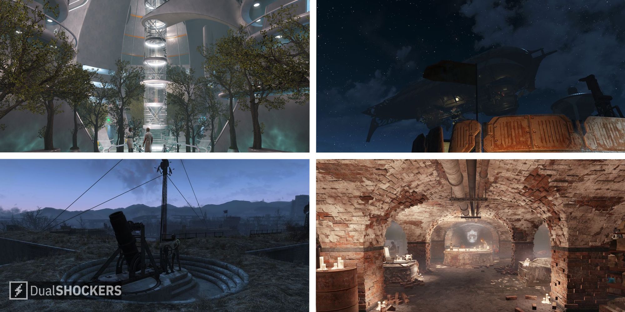 Fallout 4 split image screenshots of bases of each faction