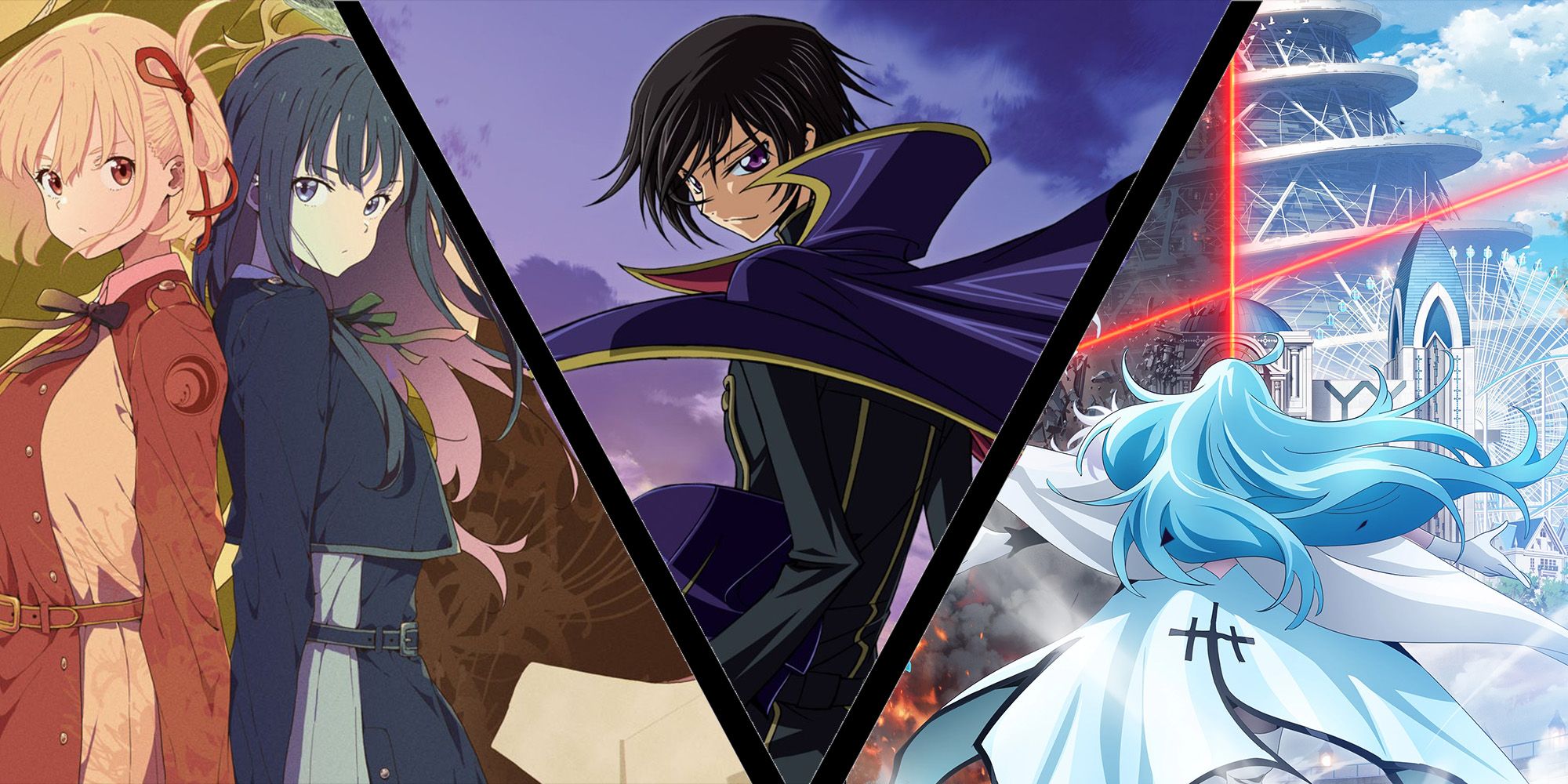 Anime split image two Lycoris Recoil characters back to back, Code Geass character looking over shoulder, and Vivy looking at city