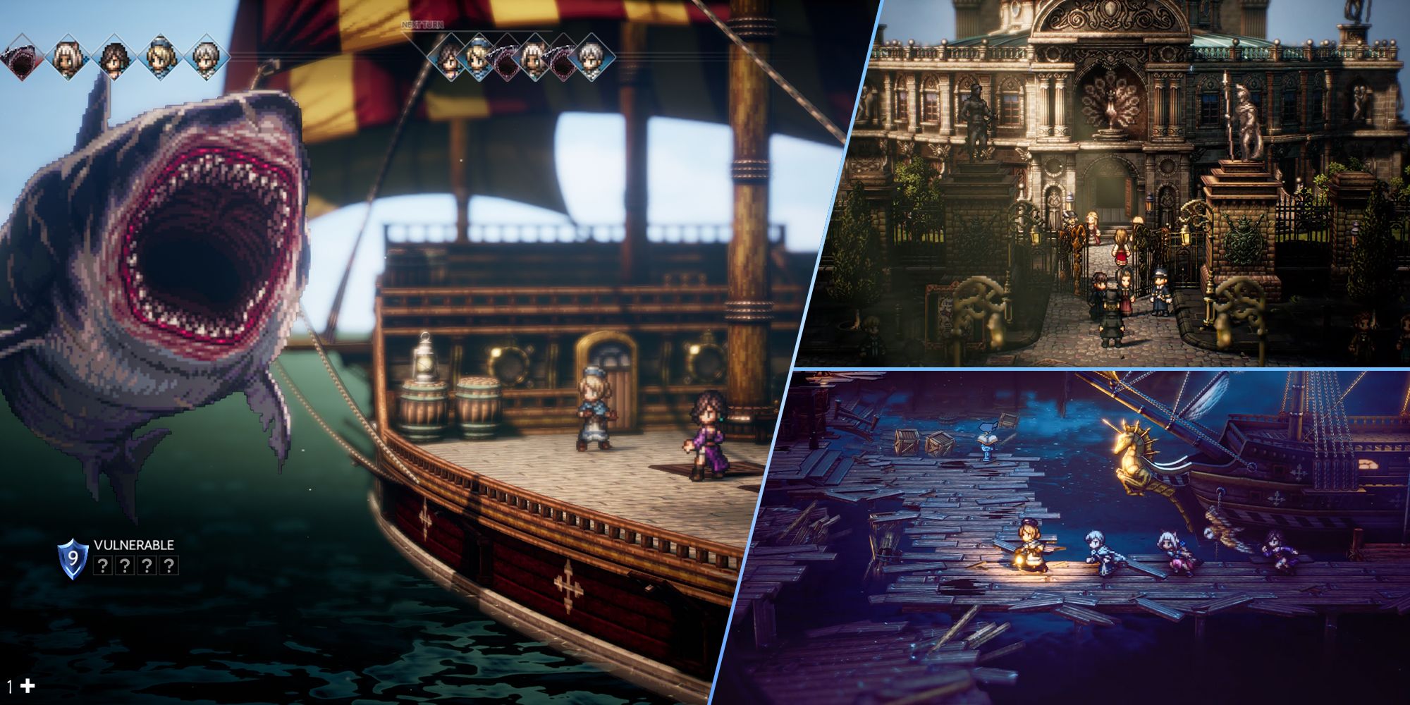 Octopath Traveler 2 split image three characters using their Talents