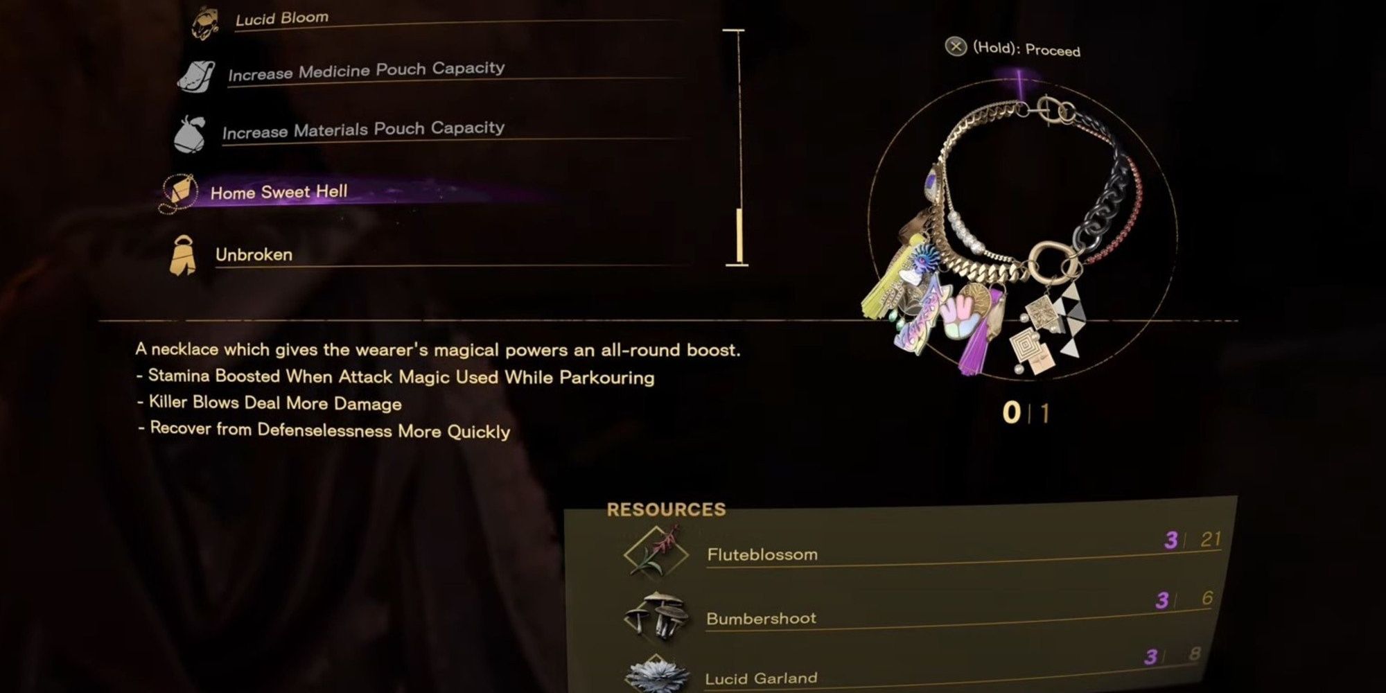 The character in Forspoken is crafting the Home Sweet Hell necklace to gain the listed boosts.