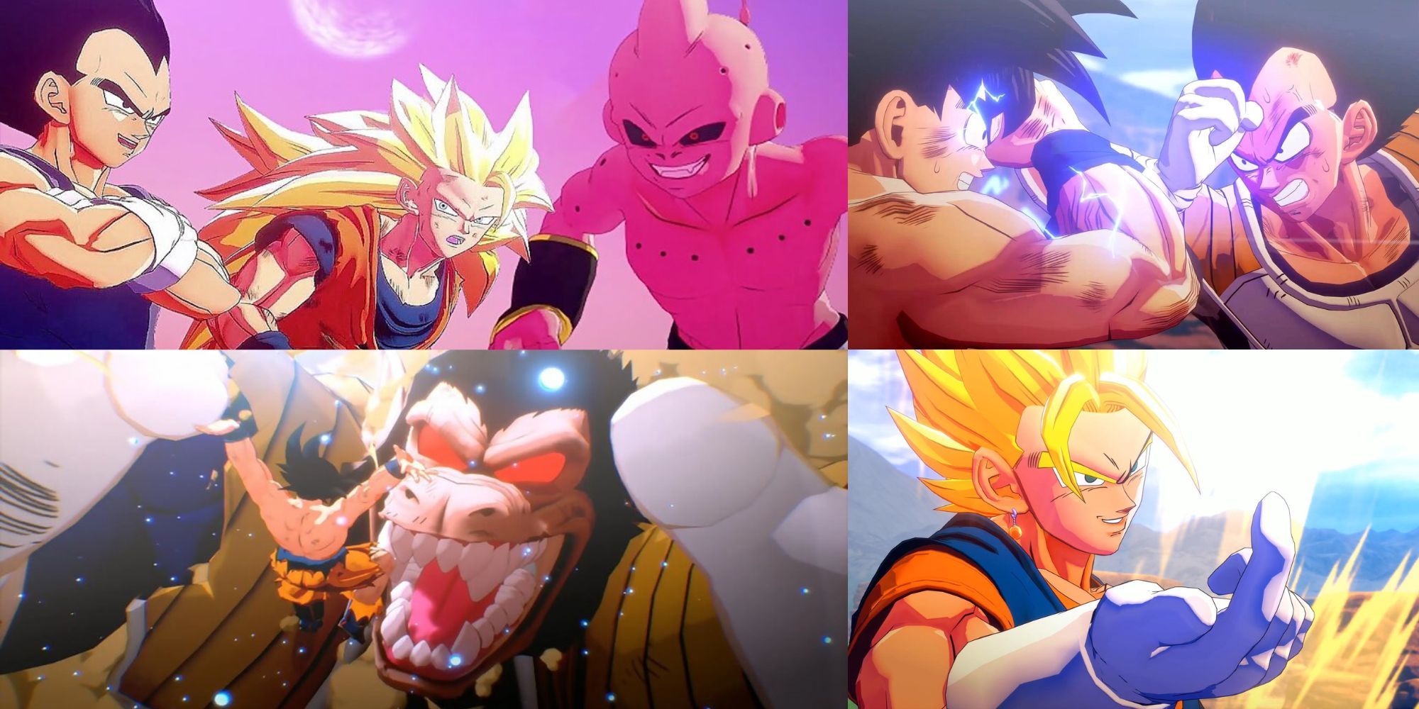 Split image Dragon Ball Z: Kakarot battle and characters gesturing
