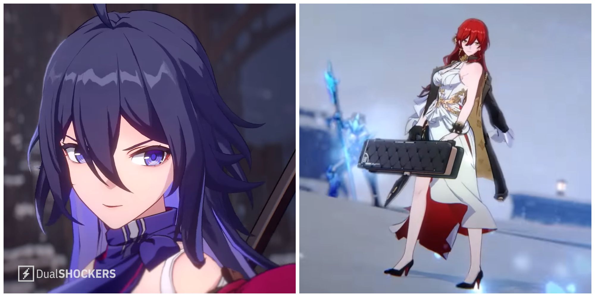Split image of the characters Seele and Himeko in character trailers for Honkai Star Rail.