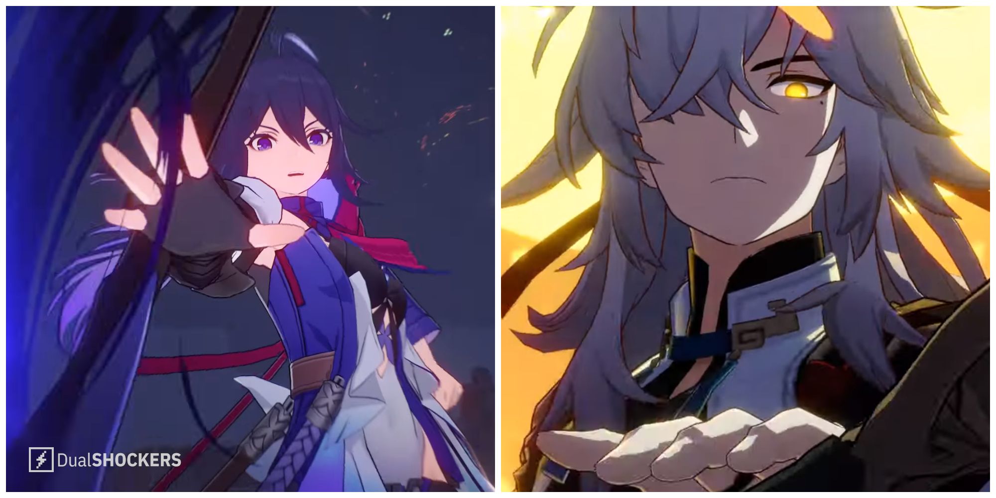 Split image of the characters Seele and Jing Yuan in character previews for Honkai Star Rail.