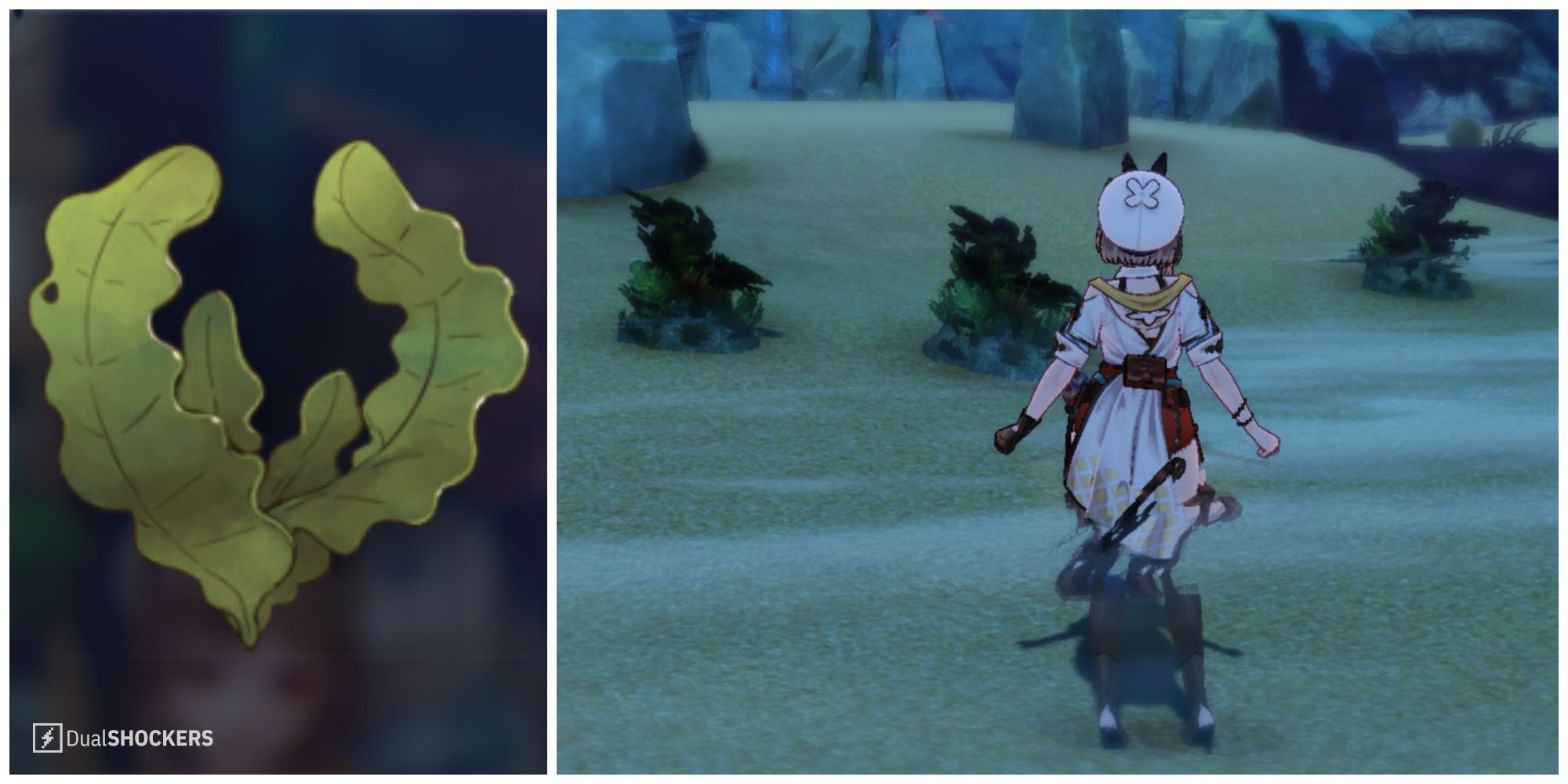 Split image of Rishikelp in the basket and Rishikelp in the wild in Atelier Ryza 3.