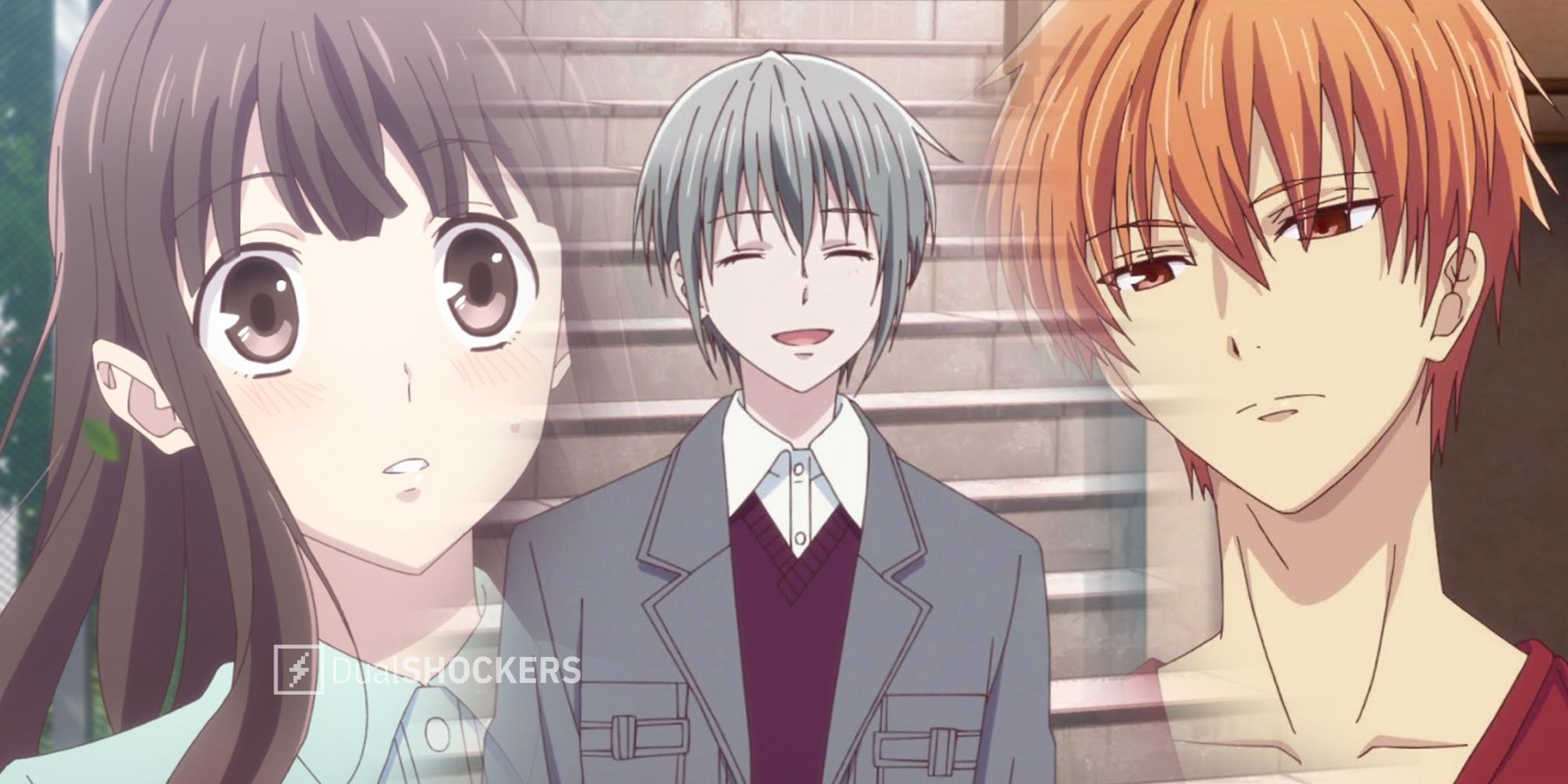 Split image Fruits Basket characters Tohru Honda, Kyo Sohma, and Yuki Sohma 