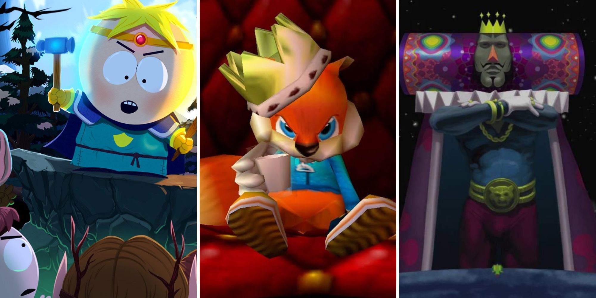 Collage of the funniest video games (South Park: Stick of Truth, Conker's Bad Fur Day, Katamari Damacy)