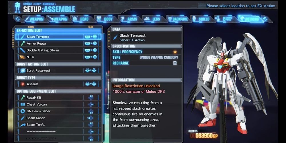 Gundam Breaker 3 Customization Screen with Custom Gunpla