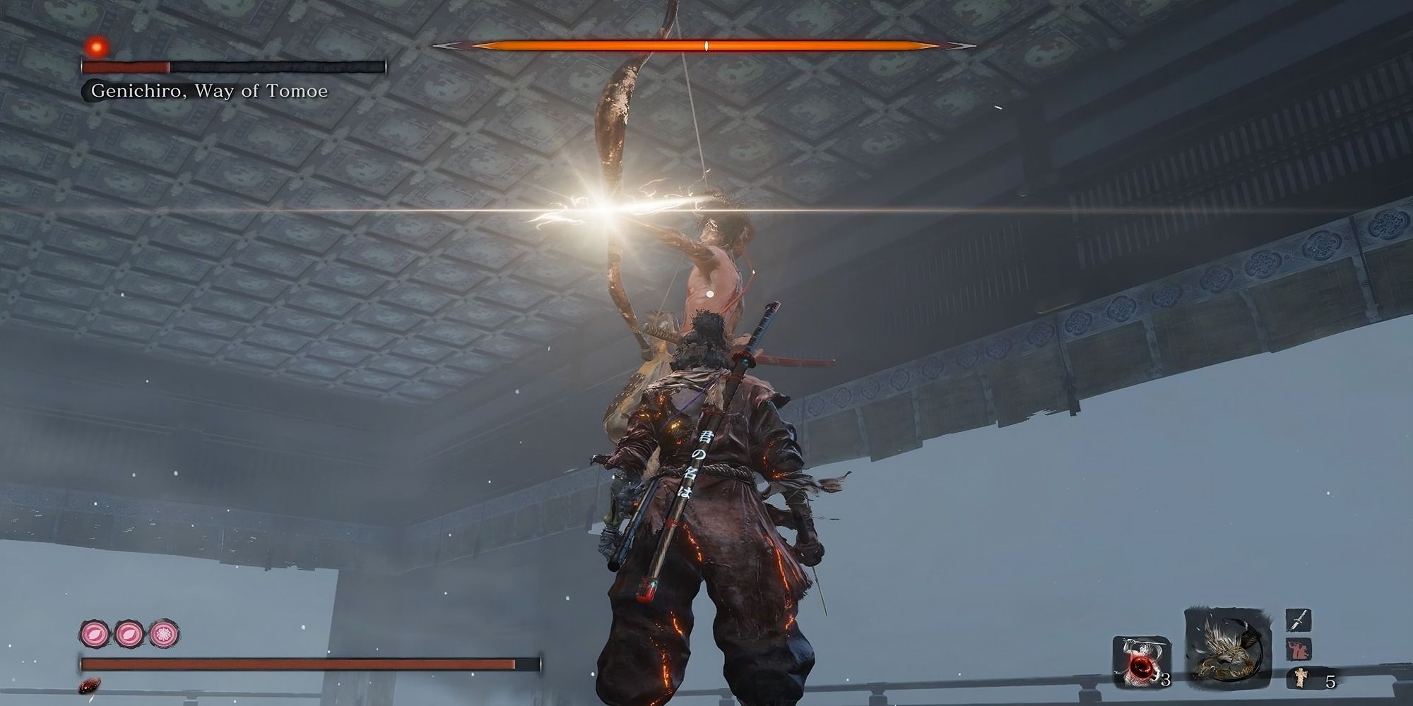 Screenshot of Genichiro performing the lightning bow attack Sekiro Shadows Die Twice