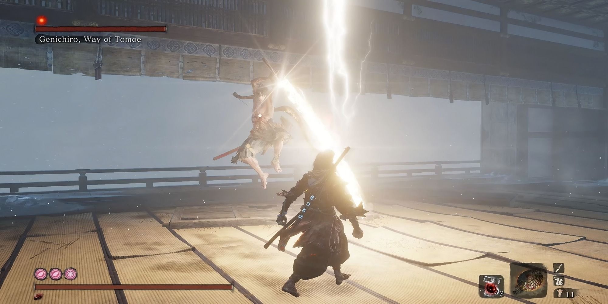 Screenshot of Genichiro performing the lightning sword attack in phase 3 of battle in Sekiro Shadows Die Twice