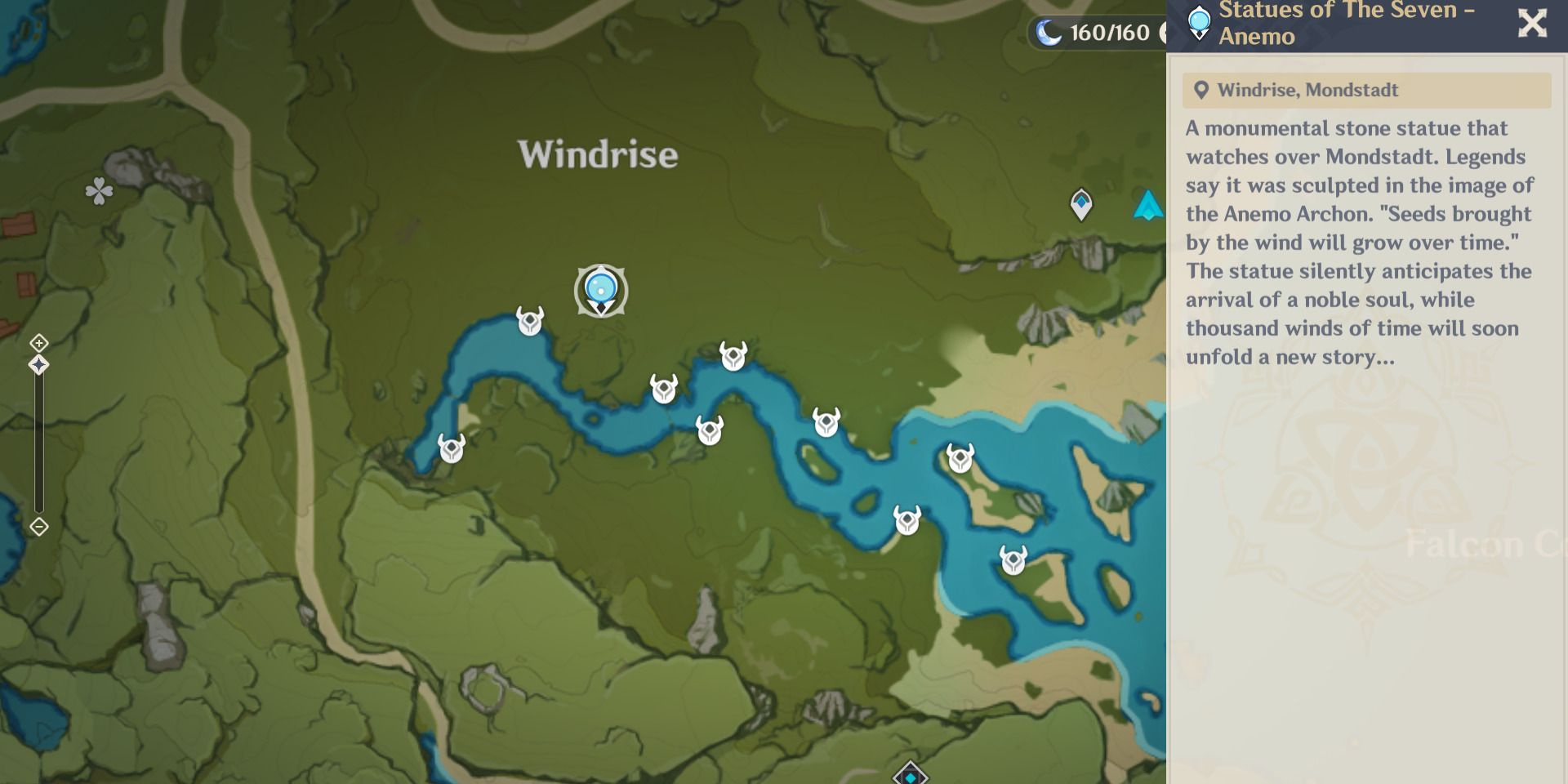 Image of location on Snapdragons map near Windrise River and Falcon Coast in Genshin Impact.