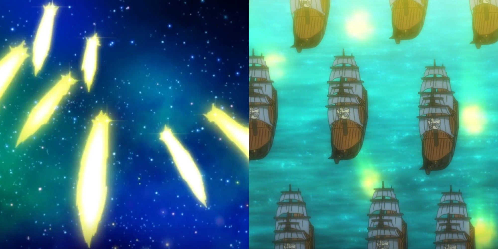 Split image Beams of Light Falling From The Sky and ships sailing in Fairy Tail