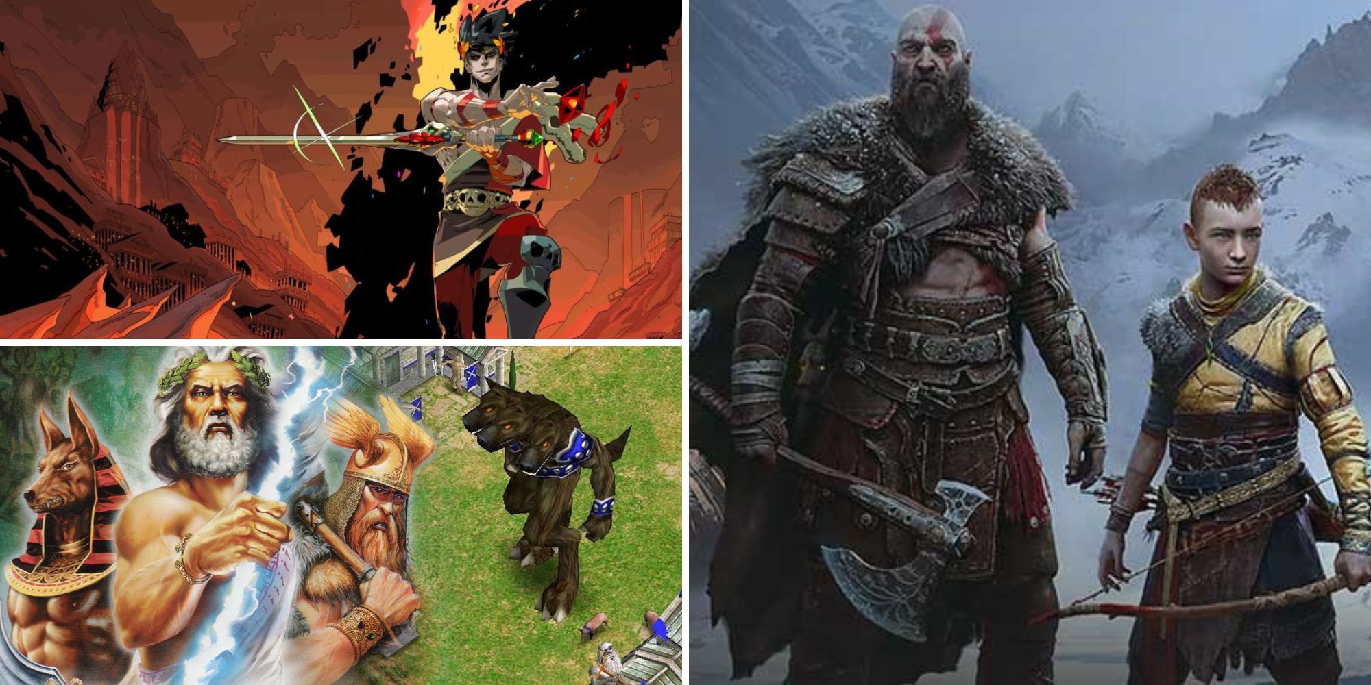 Collage of best games based on Greek mythology (Hades, Age of Mythology, God of War)