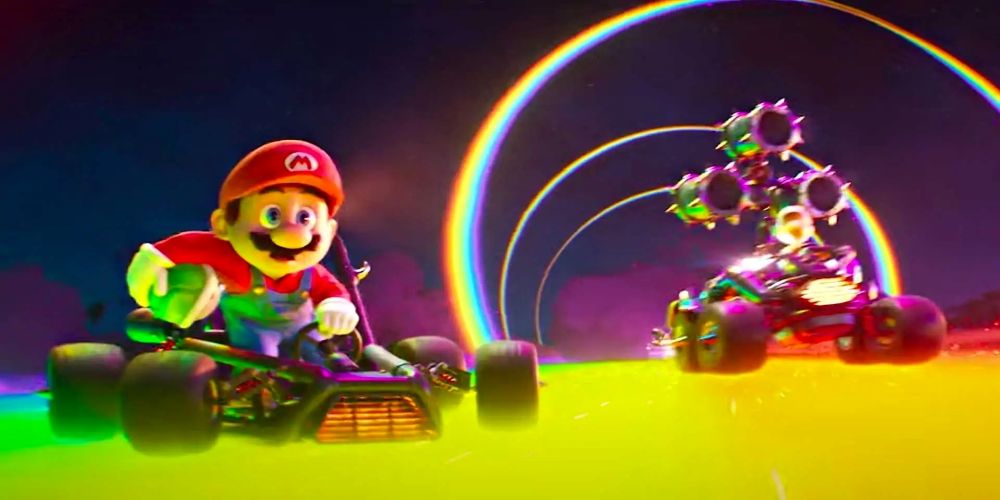 Mario holds a green shell on a rainbow path