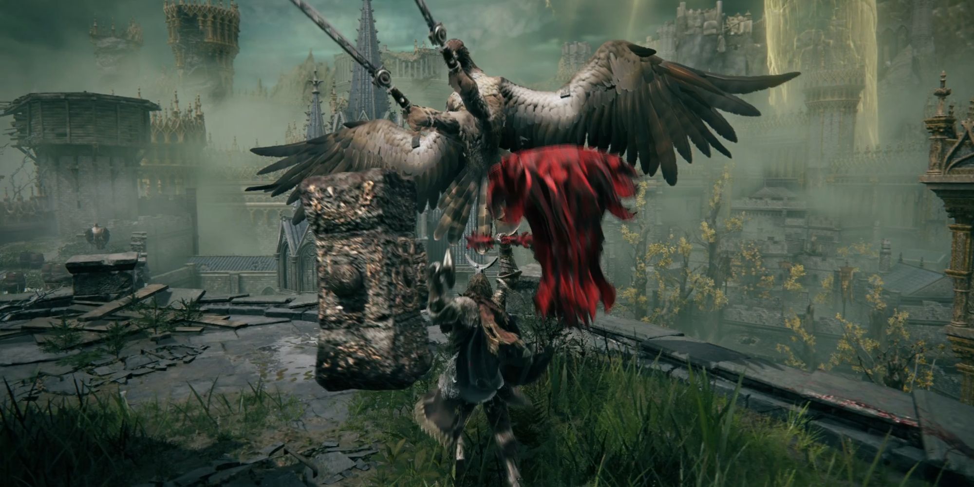 A jump attack used against a bird-like enemy in Elden Ring