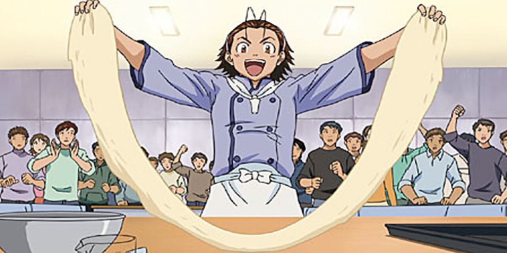 Kazuma from Yakitate!! Japan raising length of dough at table