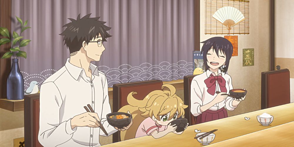 Kouhei, Kotori and Tsumugi from Sweetness and Lightning sharing a meal